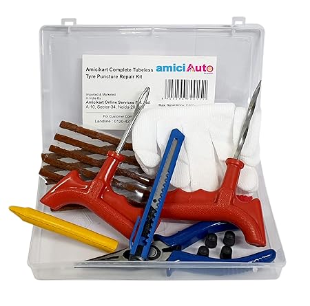 amiciAuto Complete Tubeless Tyre Puncture Repair Kit with Box (Nose Pliers + Cutter + Rubber Cement + Extra Strips)
