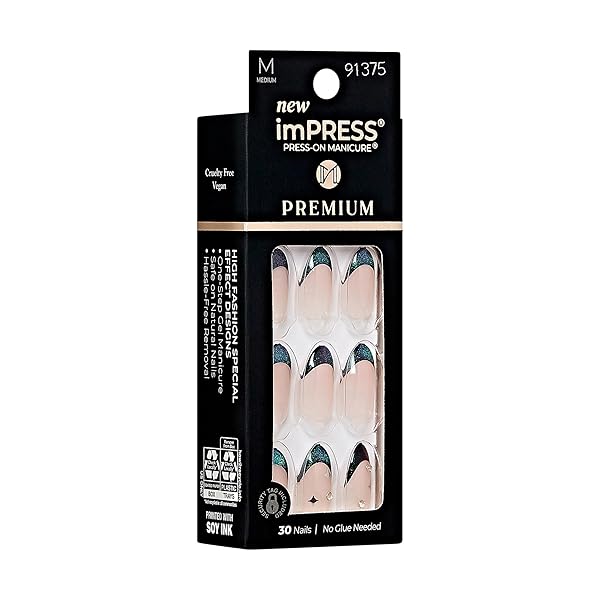 KISS IMPRESS NO GLUE MANI PRESS-ON NAILS, PREMIUM, ‘VISIONS’, GREEN, MEDIUM SIZE, ALMOND SHAPE, INCLUDES 30 NAILS, PREP PAD, INSTRUCTIONS SHEET, 1 MANICURE STICK, 1 MINI FILE