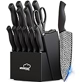 Knife Set, Amorston 15 Pieces Kitchen Knife Set with Built in Knife Sharpener, High Carbon German Stainless Steel Knife Block Set, Black Dishwasher Safe Knives Set, Valentine's Gift