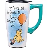 Spoontiques Pooh Adventure Ceramic Travel Coffee Mug with Lid and Handle - Winnie the Pooh Double Walled Mug for Hot and Cold Beverages - Microwave and Dishwasher Safe, Spill Proof Lid