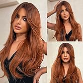 Luxclipse Layered Auburn Wigs Human Hair with Bangs for Women, Long Straight Copper Brown Style, Heat-Resistant, Tangle-Free, Ideal for Daily Wear and Cosplay (Orange,28 Inch)