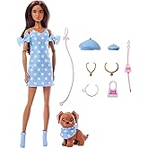 ​Barbie Twinning Looks Doll with Pet Dog in Matching Blue Polka Dot Clothes and Accessories for Both Like Berets and Purses, 