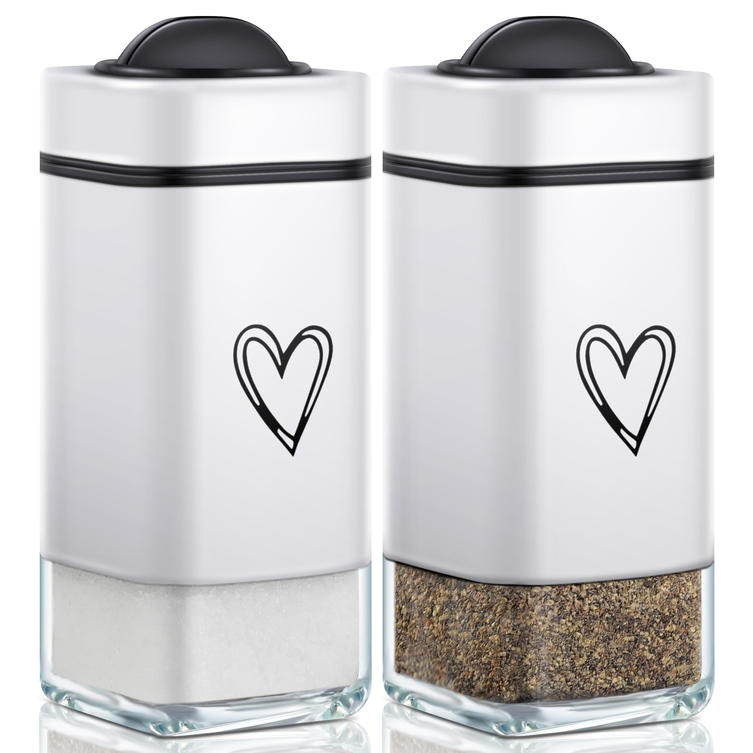 Salt and Pepper Shakers Set with Adjustable Pour Holes,Cute Heart Pattern Salt Pepper Shaker with Clear Glass Bottom,Refillable Salt Shaker Perfect for Kitchen Gadgets Cooking Table, Camp,B (White)