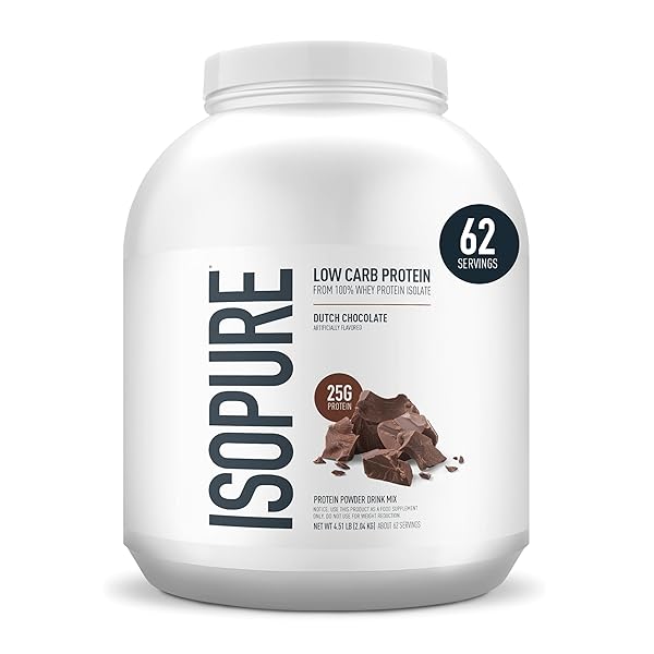 ISOPURE LOW CARB 100% PURE WHEY ISOLATE PROTEIN POWDER, LACTOSE FREE, GLUTEN FREE, WITH VITAMINS, DUTCH CHOCOLATE, 25G PROTEIN PER SERVING, 4.5 LBS, 62 SERVINGS (PACKAGING MAY VARY)