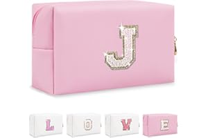 CHAOGREAT Small Personalized Initial A-Z Patch Makeup Bag,Pink Cute PU Leather Glitter Letter Cosmetic Bag for Teen Girls,Travel Toiletry Bag with Zipper,Preppy Monogrammed Birthday Gift for Daughter Niece J