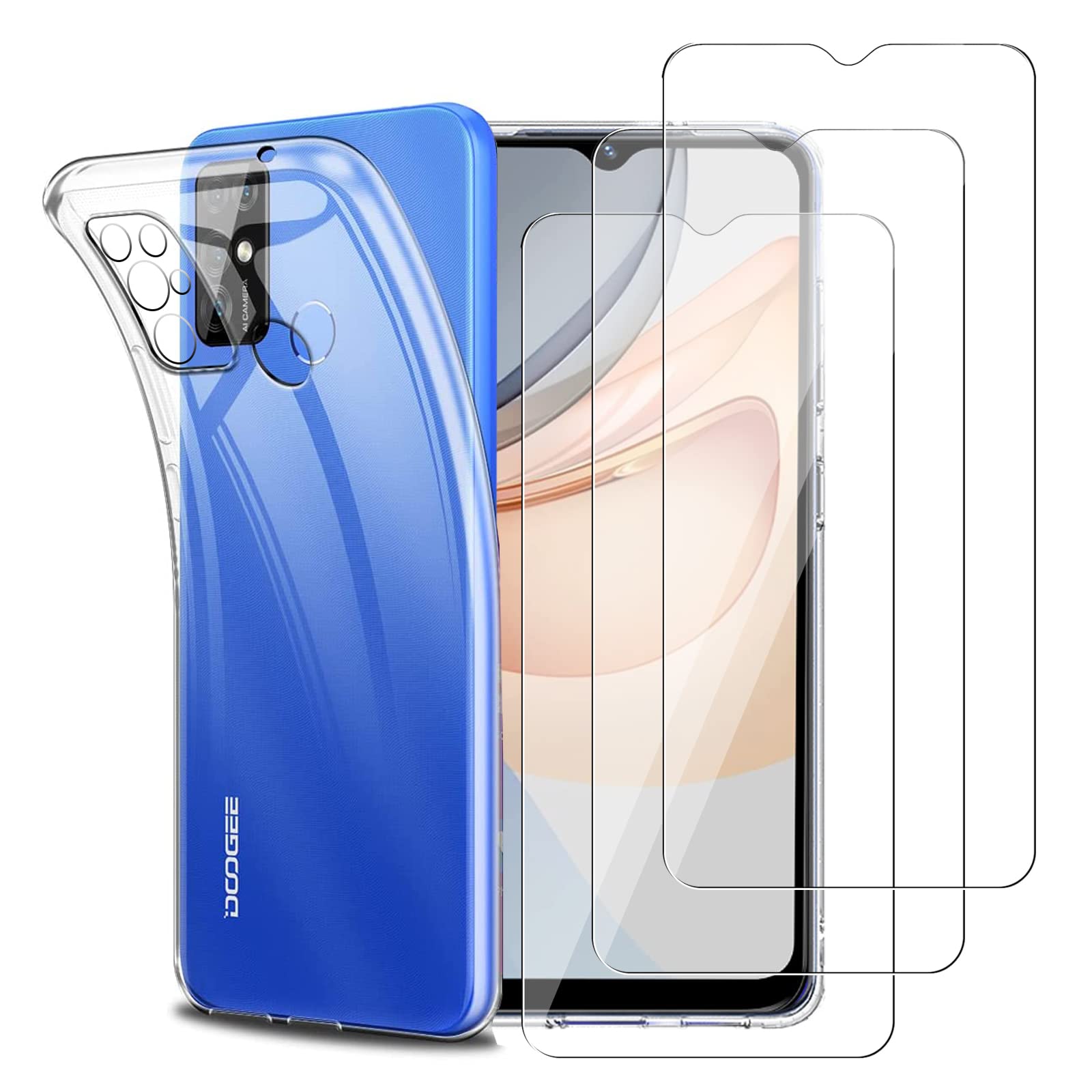 KZIOACSH Case for DOOGEE X96 Pro, Flexible Soft Shockproof Anti-Fall Transparent Bumper Cover Ultra Slim Anti-Scratch Clear Phone Case with 3 Tempered Glass Screen Protector for DOOGEE X96 Pro