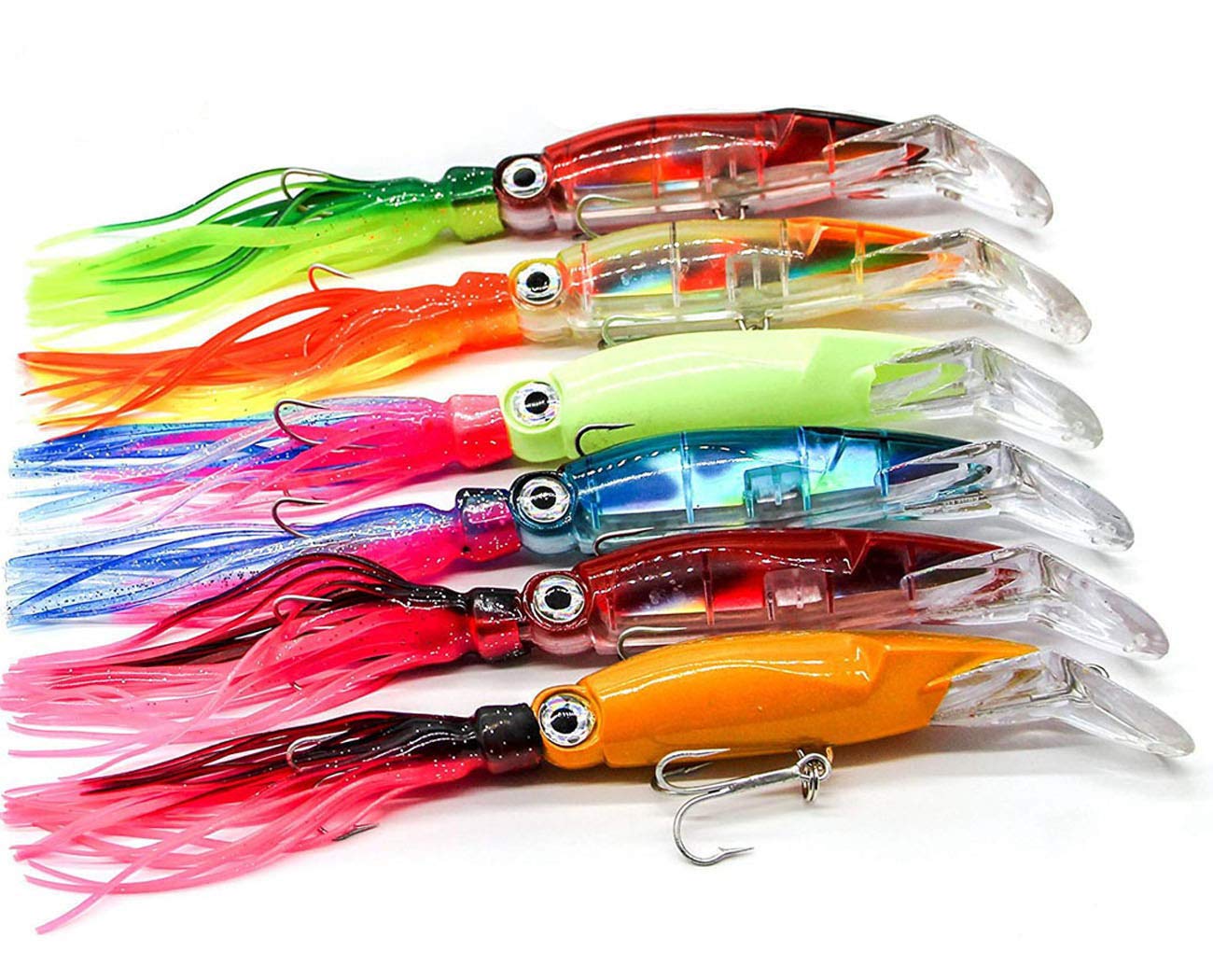 OROOTL Fishing Lure Kits Squid Skirts Hard Head Octoups Silicone Jig Rubber Artificial Baits Trolling Swimbait Lure with Treble Hooks Tackle Pack of 6