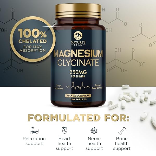 MAGNESIUM GLYCINATE CHELATED FOR MAX ABSORPTION – SUPPORTS BONE, MUSCLE, NERVES & HEART HEALTH, NATURE’S SLEEP AND STRESS SUPPORT, BEST MAGNESIUM SUPPLEMENT PILLS FOR WHOLE BODY SUPPORT – 240 TABLETS