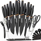 Amorston Knife Set, 22-Piece Kitchen Knife Set with Acrylic Block, Dishwasher Safe with Sharpener, High Carbon Stainless Steel, Anti-slip Ergonomic Handle, Black,Valentine's Gift