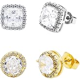 18K Gold Plated 925 Sterling Silver Cubic Zirconia Stud Earrings Set for Men and Women – Round Square Set Earrings