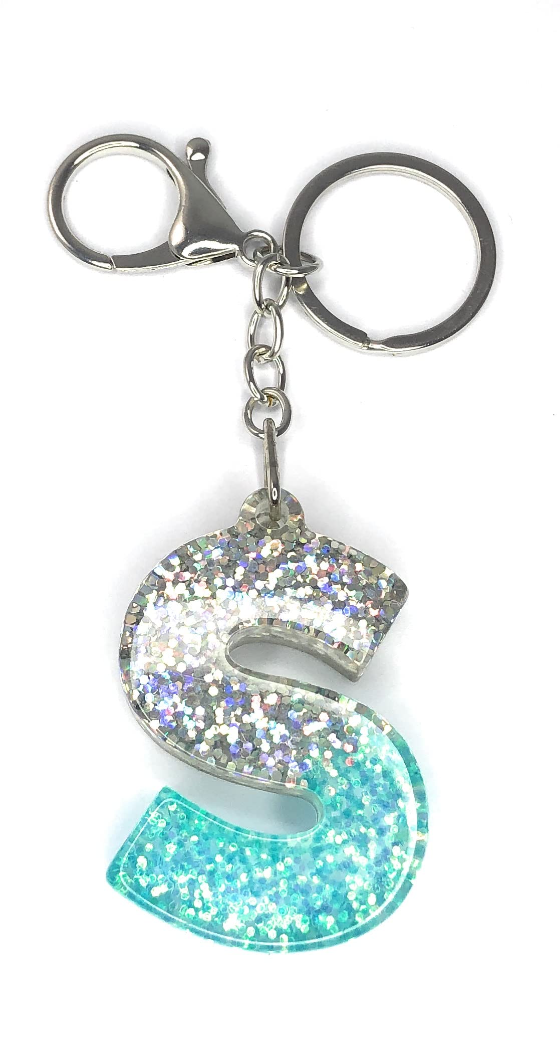 FizzyButton Gifts Initial Letter Keyring Key Ring and Lobster Clasp with Turquoise and Silver Glitter Charm (Letter S)