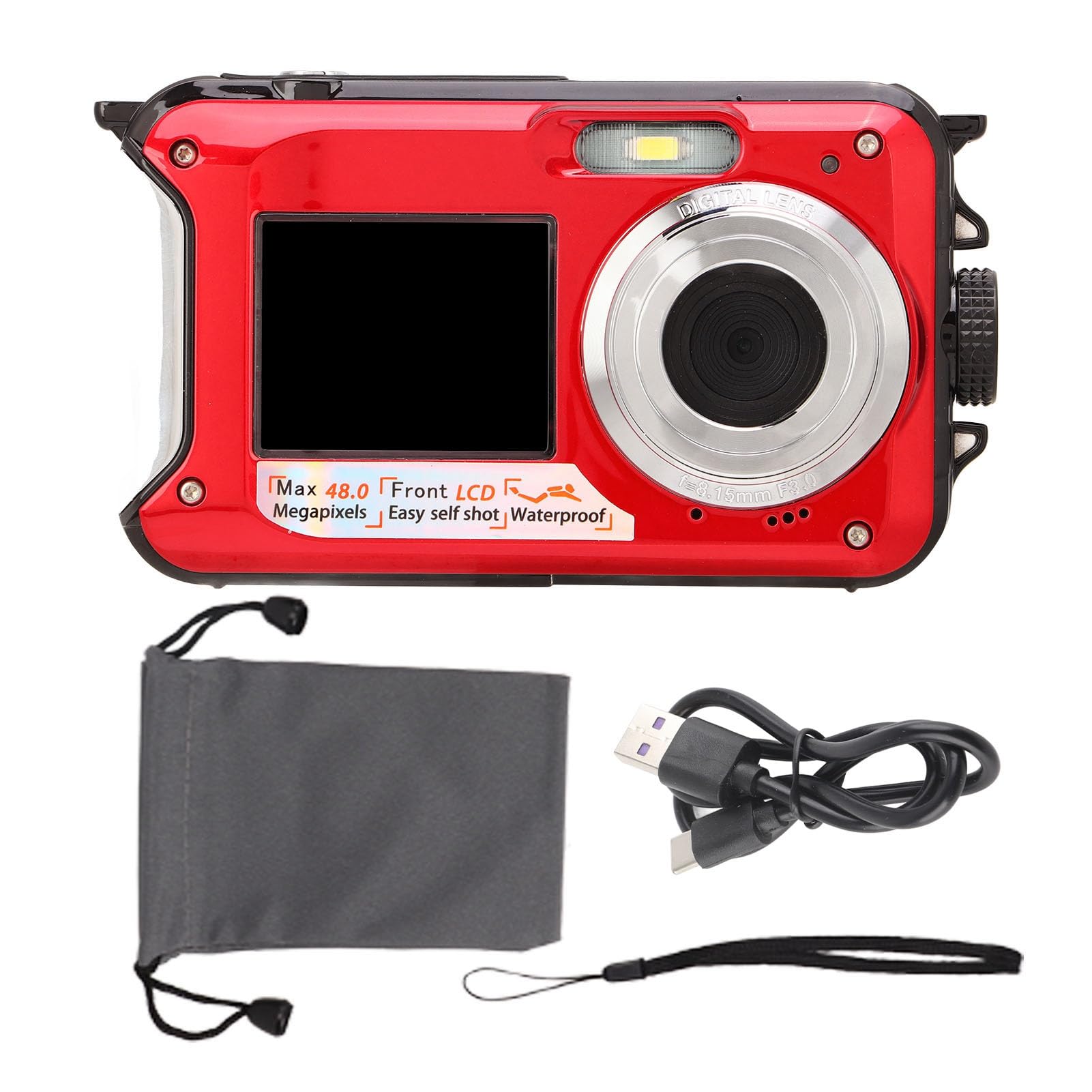MENDUNER Underwater Digital Camera - Full HD 2.7K 48MP 10ft Waterproof 16X Digital Zoom Waterproof Digital Camera with Front Rear Dual Screens for Summer Outdoor (Red)
