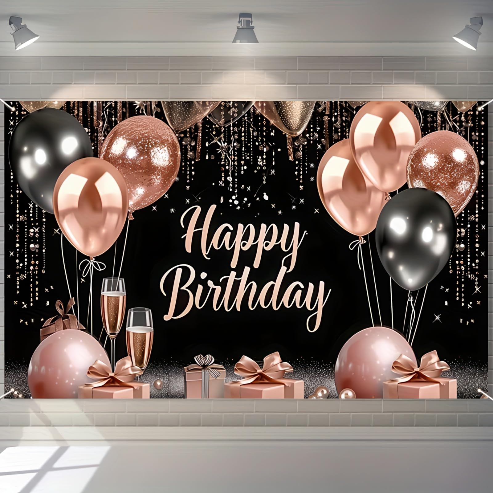 Photo 1 of BlissYard Rose Gold and Black Happy Birthday Banner Backdrop Large Happy Birthday Glitter Balloons Photo Booth Photography Background Banner Supplies for Girls Women Birthday Party