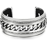 COOLSTEELANDBEYOND Masculine Wide Steel Cuff Bangle Bracelet for Men Women with Curb Chain Ornament, Satin