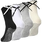Jeyiour 4 Pairs Cute Pilates Grip Socks for Women, Ruffle Non-slip Grippy Yoga Socks with Bow for Gym Ballet Workout