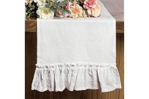 Boho Table Runner Ruffled Tablecloth Cotton Flounces Trim Table Cover Cloths for Home Kitchen Wedding Party Decor (White, 12x
