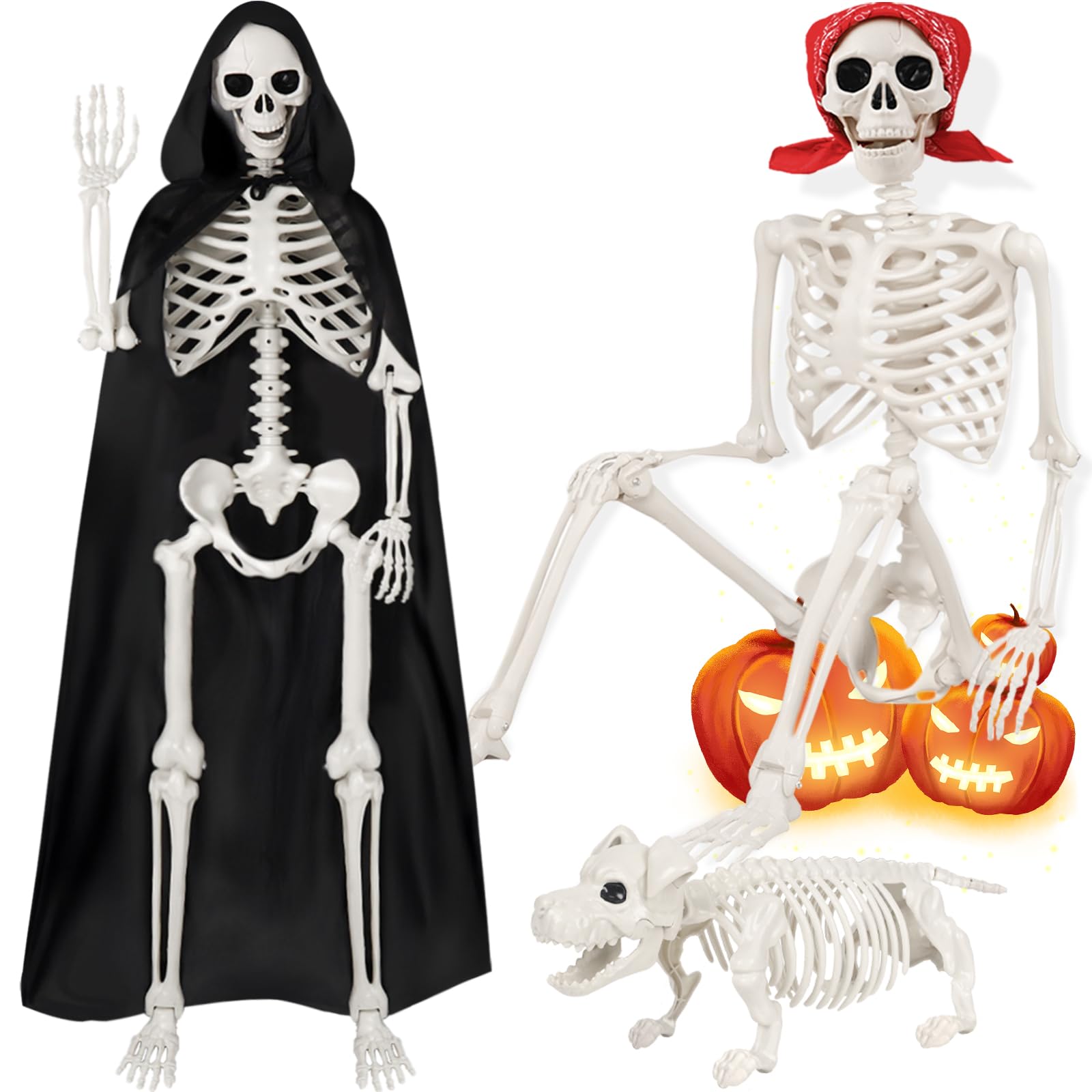 Photo 1 of Gushu 5.4ft Skeleton Halloween Decor, Life Full Size Posable Skeleton with Skeleton Dog Black Cloak Bandana, Plastic Giant Skeleton Halloween Decoration for Outdoor Yard Indoor Lawn Scary Party
