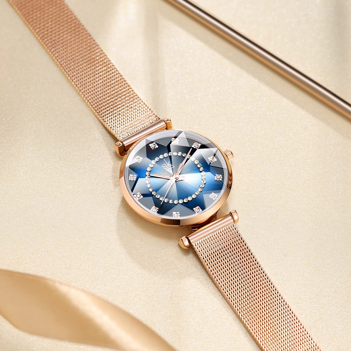 SHENGKE Kreative Damen Uhr Analog Quarz Armbanduhr mit Schwarz Edelstahl Armband Wasserdicht Damenuhren mit Blau Sternenhimmel-Zifferblatt für Frauen Blumen (Shell Dial-Mesh Band-Rosegold) 4