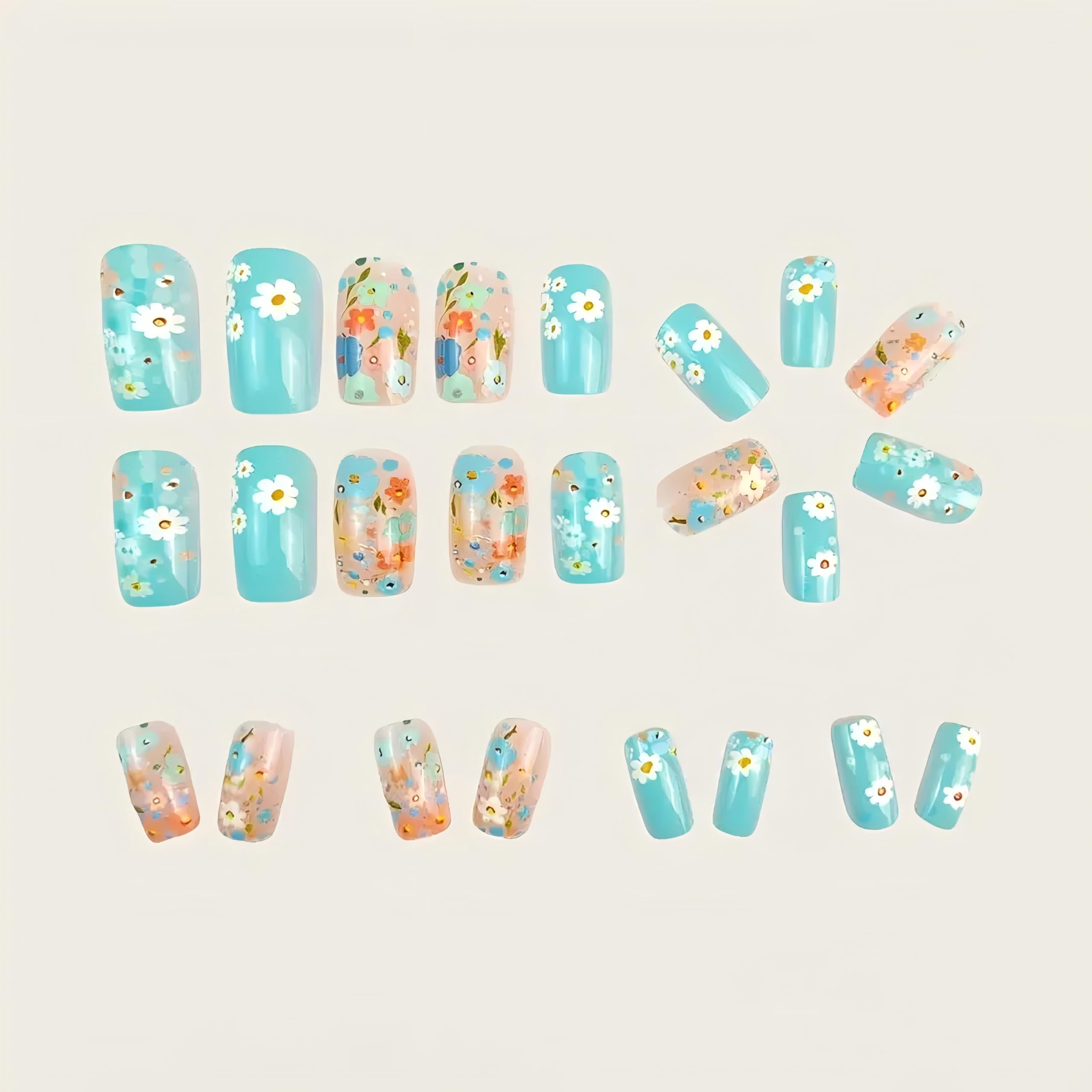 24 PCS Press on Nails Medium Square Nails Relief Mixed Color Flowers Spring Summer Design French Tip Fake Nails Classic Glue Nails Full Cover Gel French False Nails for Artificial Women DIY Manicure - Image 3