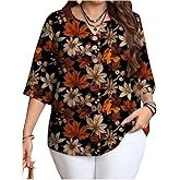 BEAUDRM Women's Plus Size Vintage Maple Leaf Print Shirt Notched V Neck Half Sleeve Dressy Casual Blouse Tops