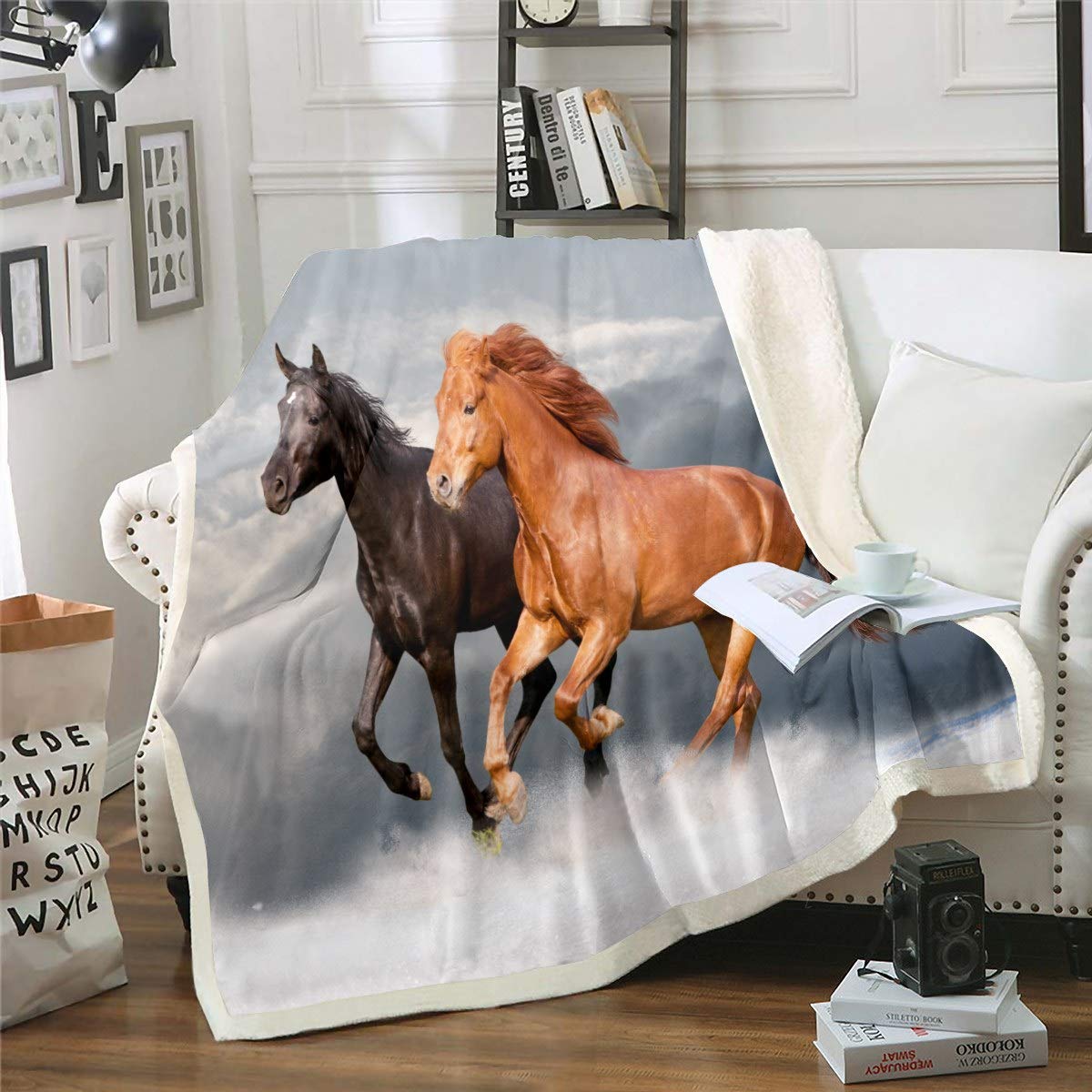 3D Horse Printed Throw Blanket Galloping Horse Printed Fleece Blankets for Kids Boys Teens 3D Wild Animal Pattern Sherpa Blanket Wildlife Style Fuzzy Blanket for Bed Sofa Plush Blankets Single 50"x60"