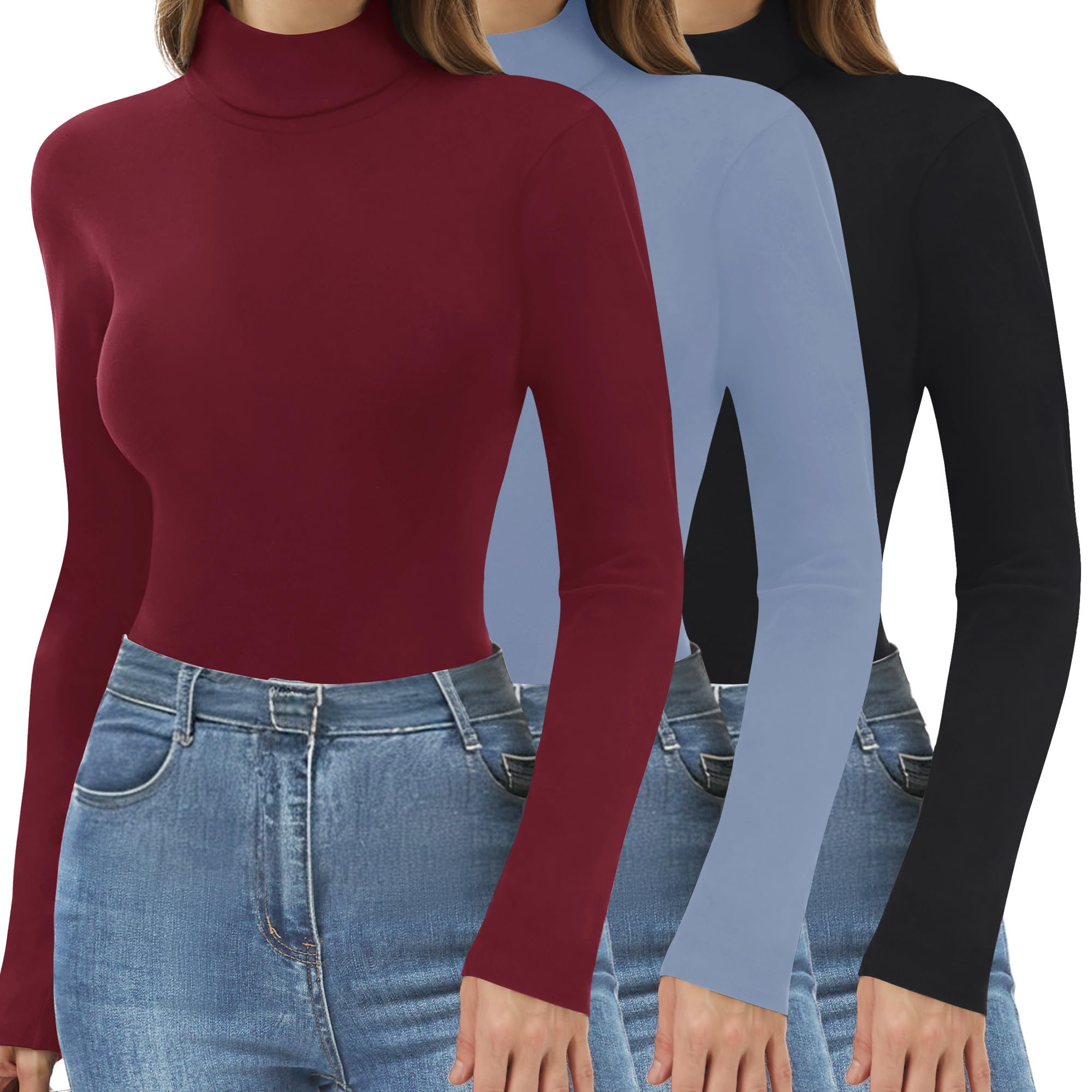 DDOBB 3 Pack Thermal Turtlenecks Long Sleeve Shirts for Women Black Base Layer Tops Slim Fit Winter Clothes Medium Black/Morandi Blue/Burgundy