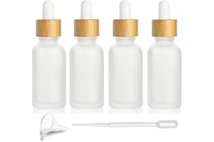 FURNIDO 4 Pcs Bamboo Frosted Glass Eye Dropper Bottle,Empty Essential Oil Bottles With Pure Glass Pipettes,Bamboo Cap Makeup Travel Cosmetic Sample Container-Pipette&Funnel included (30ml/1 Ounce)