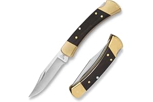 Buck Knives 110 Folding Hunter Knife, 3-3/4" Blade, Lockback Design, Ebony Handle, Brass Bolsters, 420HC Stainless Steel Clip Point Blade, Sheath Included, Hunting Knife Made in the USA, 7.2 oz