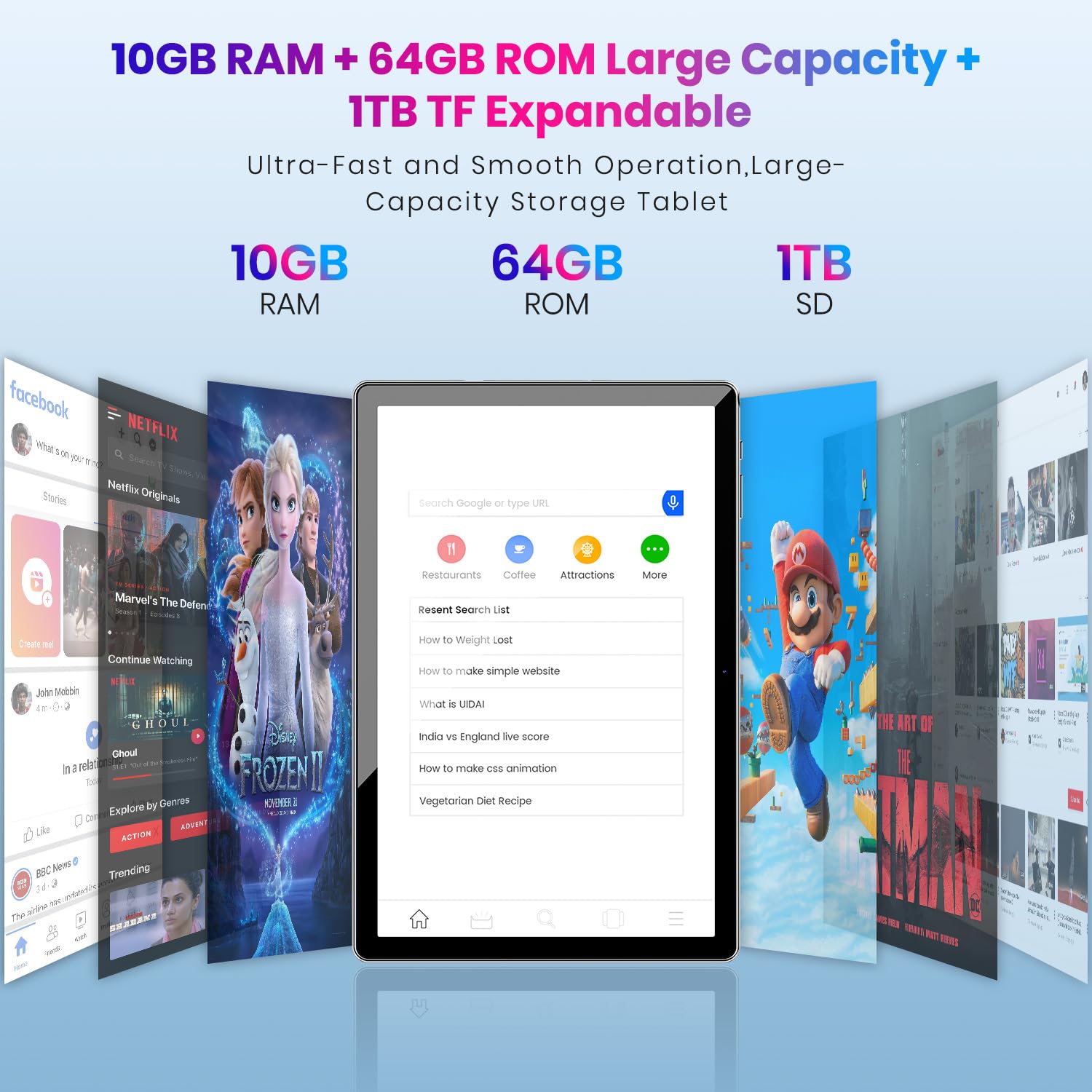 Android 14 Octa-Core 10 inch Tablet, 10GB RAM + 64GB ROM, 1TB Expand, 6000mAh Battery, 2.4G+5G Wi-Fi 6, 2MP+8MP Dual Camera, Bluetooth, 1280x800 FHD IPS Display (Gray)