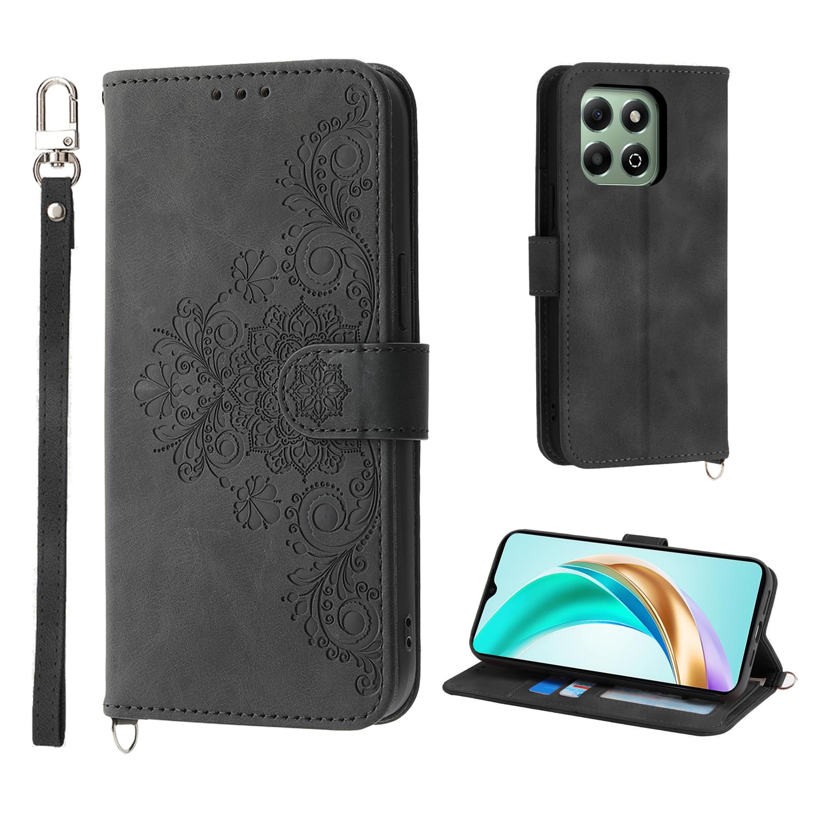 Auslbin Phone Case for Honor X6b 4G 6.56, Protective Cover for Honor X6b /JDY-LX1 With 5 Card Slots Vintage Style Flower PU Leather Case, Black