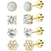 EQFE 4Pairs Hypoallergenic Screw Back Earrings for Women 14k Gold Surgical Steel Flat Back Earrings Opal CZ Flower Heart Cartilage Earring for Sensitive Skin 20G Handmade Nap Flatback Earrings Studs