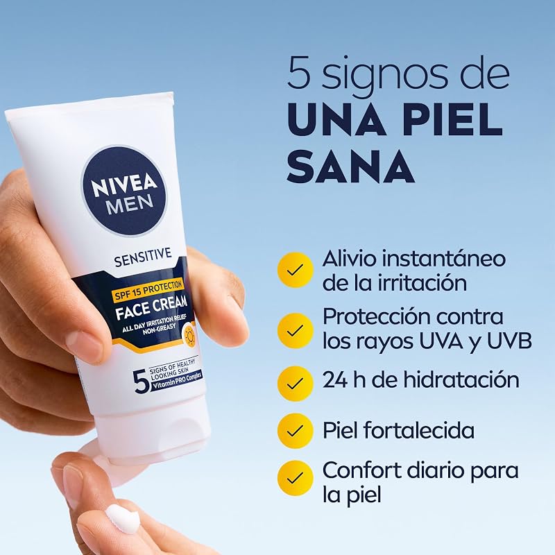 Sensitive Hidratante Protector FP15 (1 x 75 ml), 0% alcohol antirritación crema facial hidratante para hombres con piel sensible, con protector solar FP15