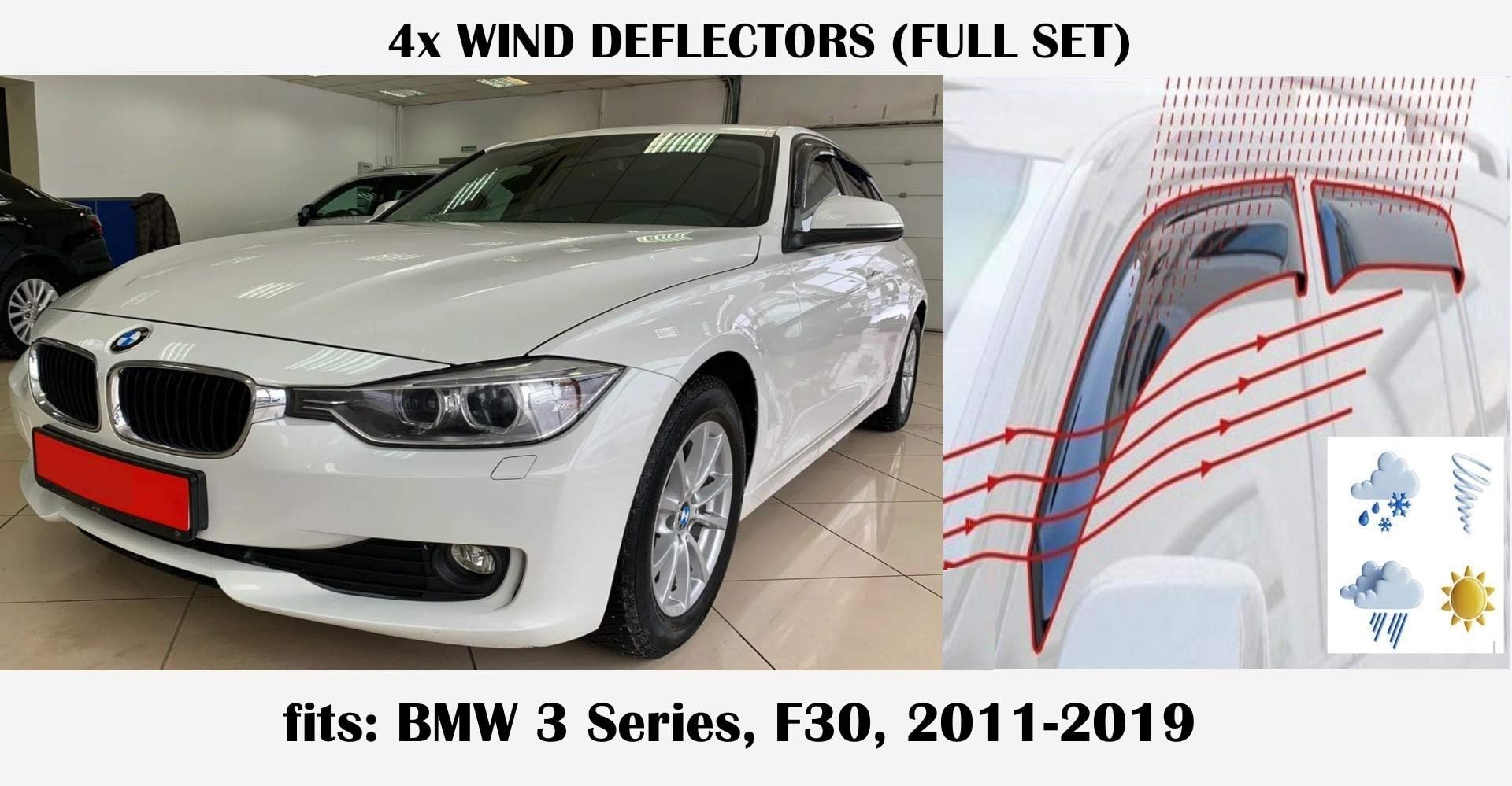 Mrp Set Of 4 Wind Deflectors Compatible with BMW 3 series F30 | F30 4-doors Sedan/Saloon | 2012 2013 2014 2015 2016 2017 2018 2019 Acrylic Glass Side Visors PMMA