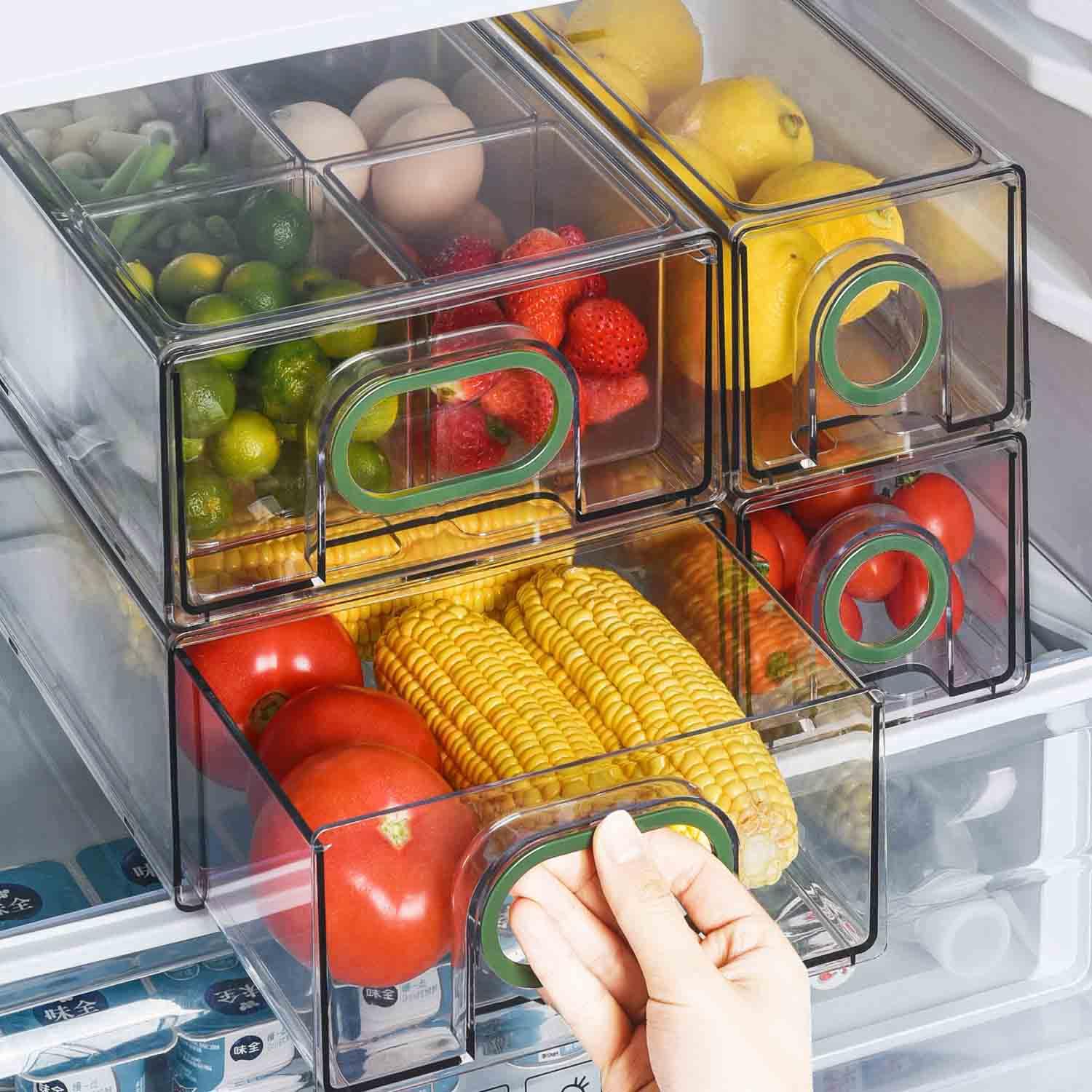 Photo 1 of Fridge Storage Drawers, 6 PCS Large Heavy Duty Refrigerator Organizers And Storage Pull Out Bins, Green Handle, 3 Drawers And 3 Small Cubes