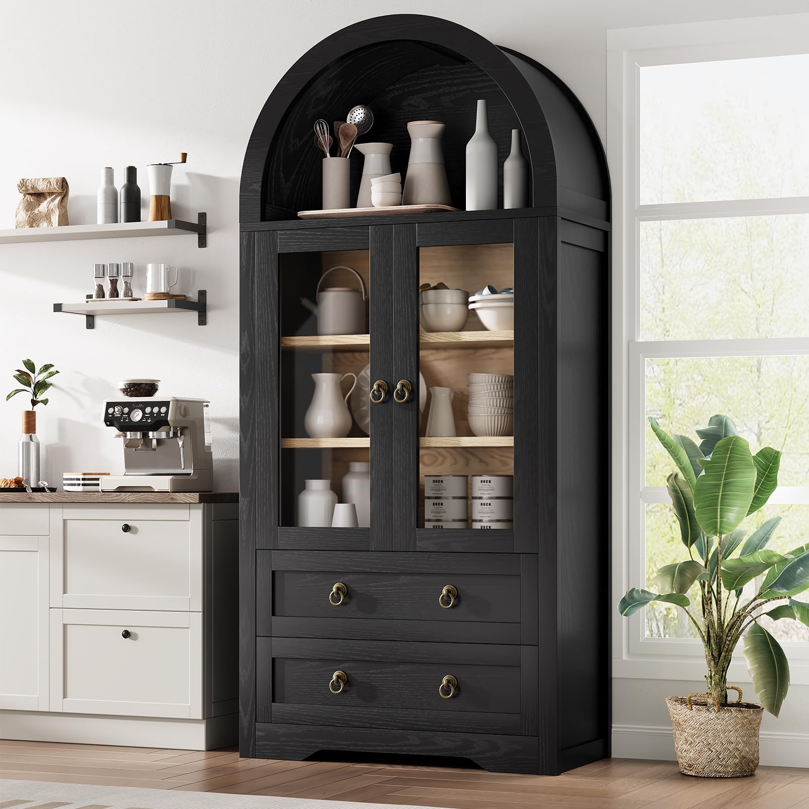 Jocoevol Kitchen Pantry Cabinet, Arched Bookshelf Bookcase China Pantry ...