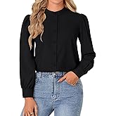 Rooscier Women's Mock Neck Button Down Puff Long Sleeve Work Blouse Top Shirt