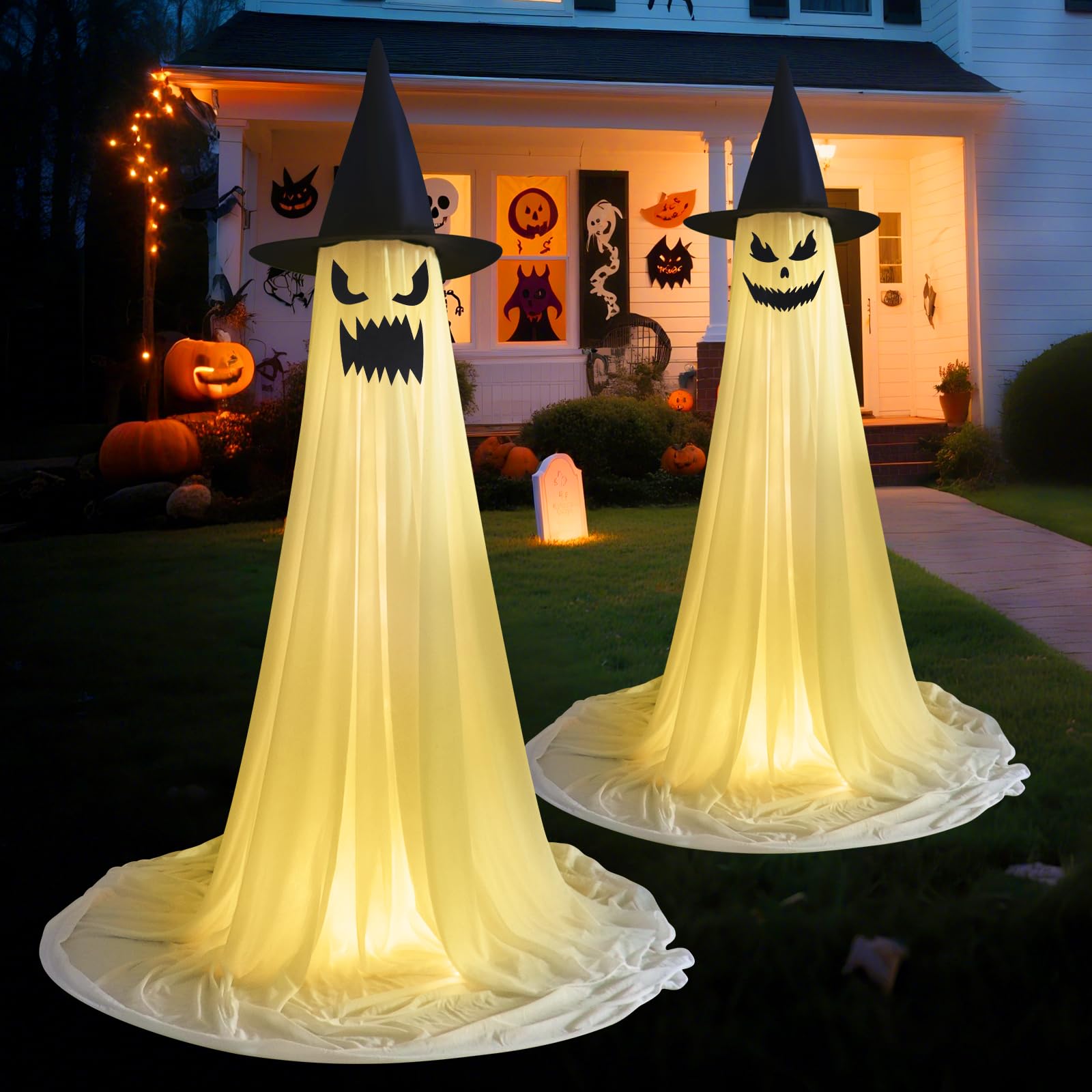 Photo 1 of 2 Pack Halloween Ghost Decorations Outdoor, Light Up Spooky Ghost with Witch Hat,Halloween Party Scary Ghosts Decor with LED Lights for Porches Yards Gardens Lawn Indoor