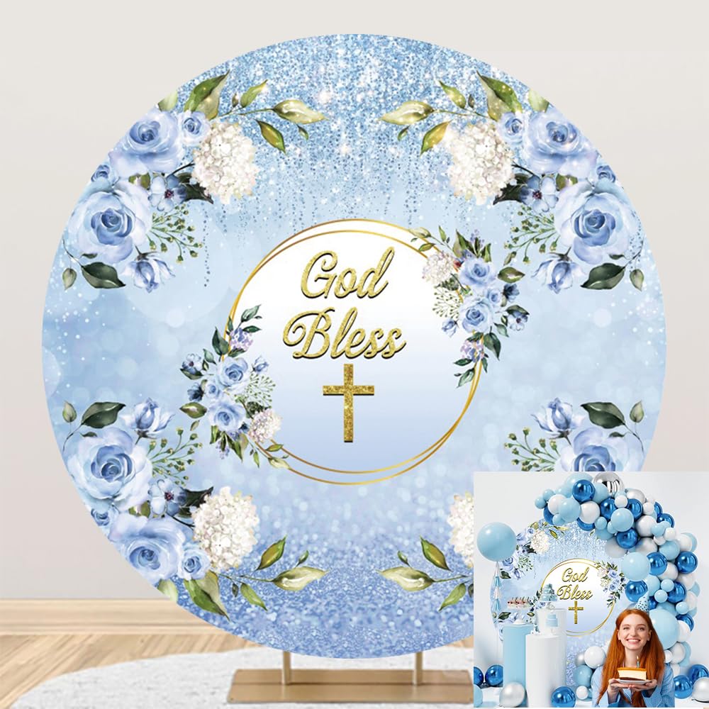 SDOTPMT Diameter 7ft God Bless Round Backdrop Cover Golden Cross Blue Flowers Polyester Photography Background First Holy Communion Christening Party Newborn Baby Baptism Circle Background