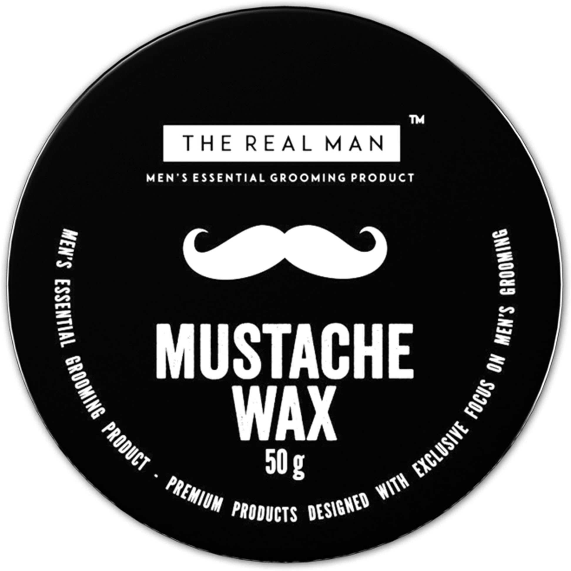 THE REAL MAN All New Mustache Wax with All Natural- Almond Oil | Jojoba Oil | Olive Oil | Sunflower Oil | Fragrances with Bees Wax |Shea Butter | Coco Butter : Extra Strength, Firm Hold (50g).