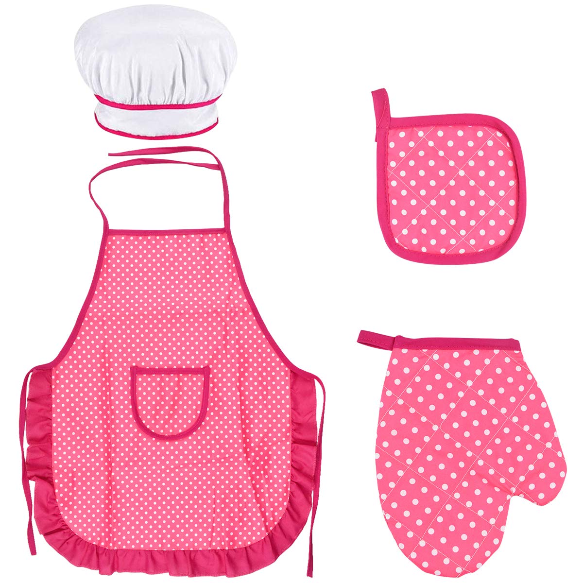 Chef Set for Kids, Adjustable Cooking Apron for Toddler, Children Kitchen Baking with Child Chef Hat, Kids Cooking Mitt, Heat Resistant Mat for Boys Girls Age 3-8 Years Old (Rose Red)