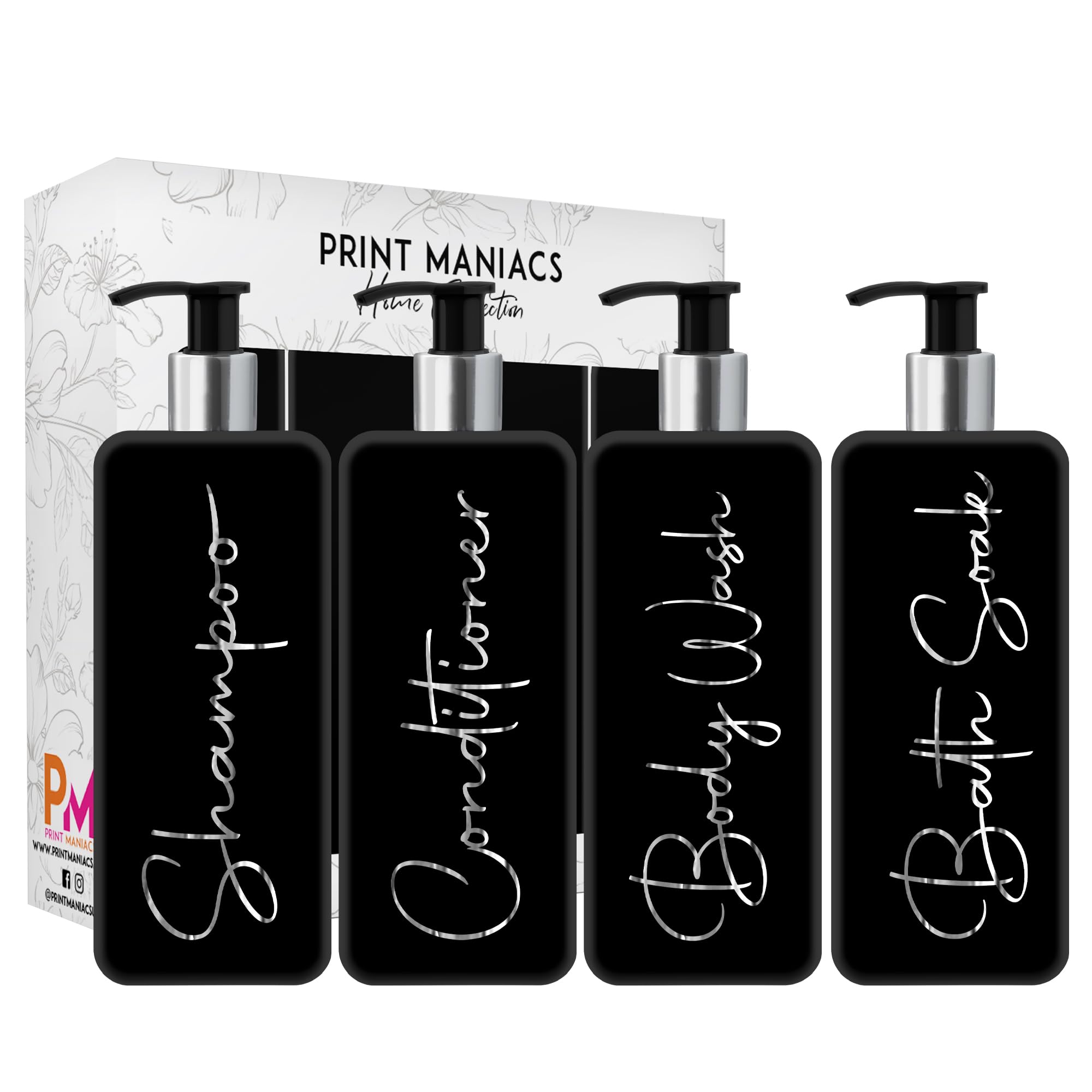 Print ManiacsMrs Hinch Inspired Signature Black 500ml Square Reusable Dispenser Bottle Silver Pump Personalised Bathroom Storage Toiletries Set F2 (Silver, Shamp, Con, Body Wash, Bath Soak)