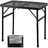 GREGIN Folding Camping Grill Table, Outdoor Metal Table. Foldable, Portable | Small &amp; Lightweight, Height Adjustable Camp Table with Mesh Desktop for Grilling, Cooking, BBQ, Griddle, Patio, Picnic-2 ft