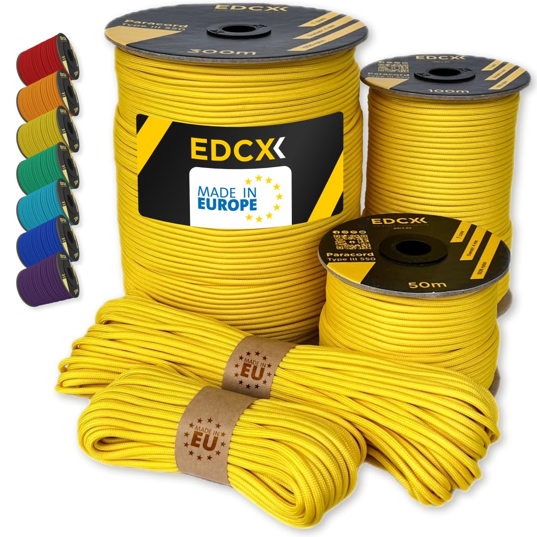 EdcX Paracord 4mm, 35+ Solid Colors (10m, 15m, 30m, 50m, 100m, 300m) | Ideal for Crafting, DIY, Camping, Survival, Outdoor | 100% Nylon Rope 4mm | Tactical Cord 550 Type III (Yellow, 50 m) — image 1