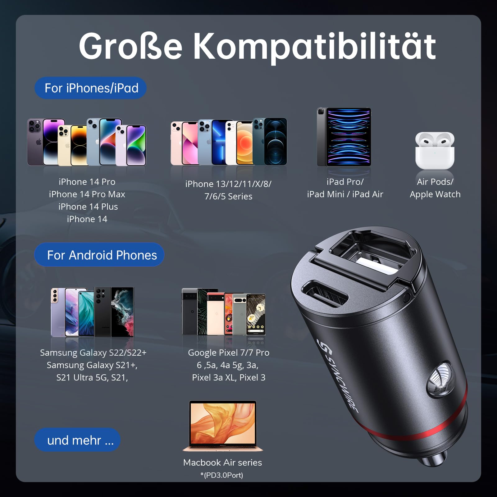 Syncwire 60W Zigarettenanzünder USB C & USB Auto Adapter [PD 30W & QC 30W] Super Mini Ganzmetall KFZ Ladegerät USBC Kompatibel mit iPhone, Samsung, Huawei, Xiaomi, Google Pixel - Schwarz 6