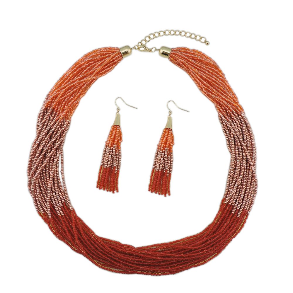 Bocar Multi Layer Beaded Statement Necklace Set Strand Necklace and earrings for Women Gift (NK-10459-Orange)