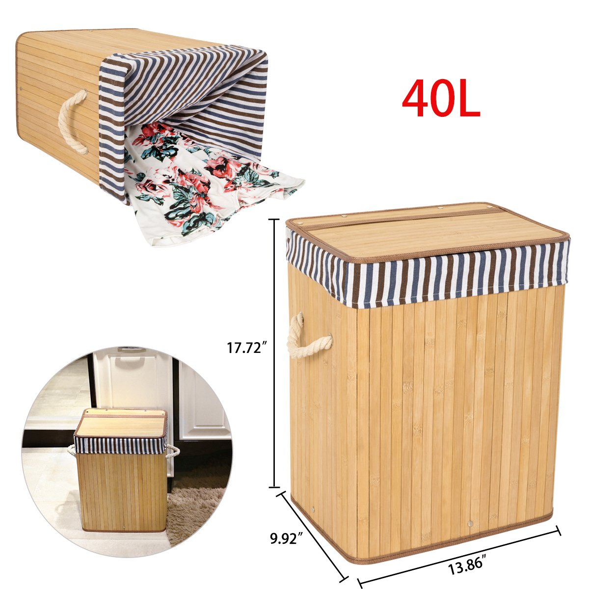 ZERO JET LAG 40L Bamboo Laundry Hamper Laundry Basket Dirty Clothes Box Natural Laundry Bin Lid Handles Removable Liner Collapsible Dirty Clothes Organizer（Brown）