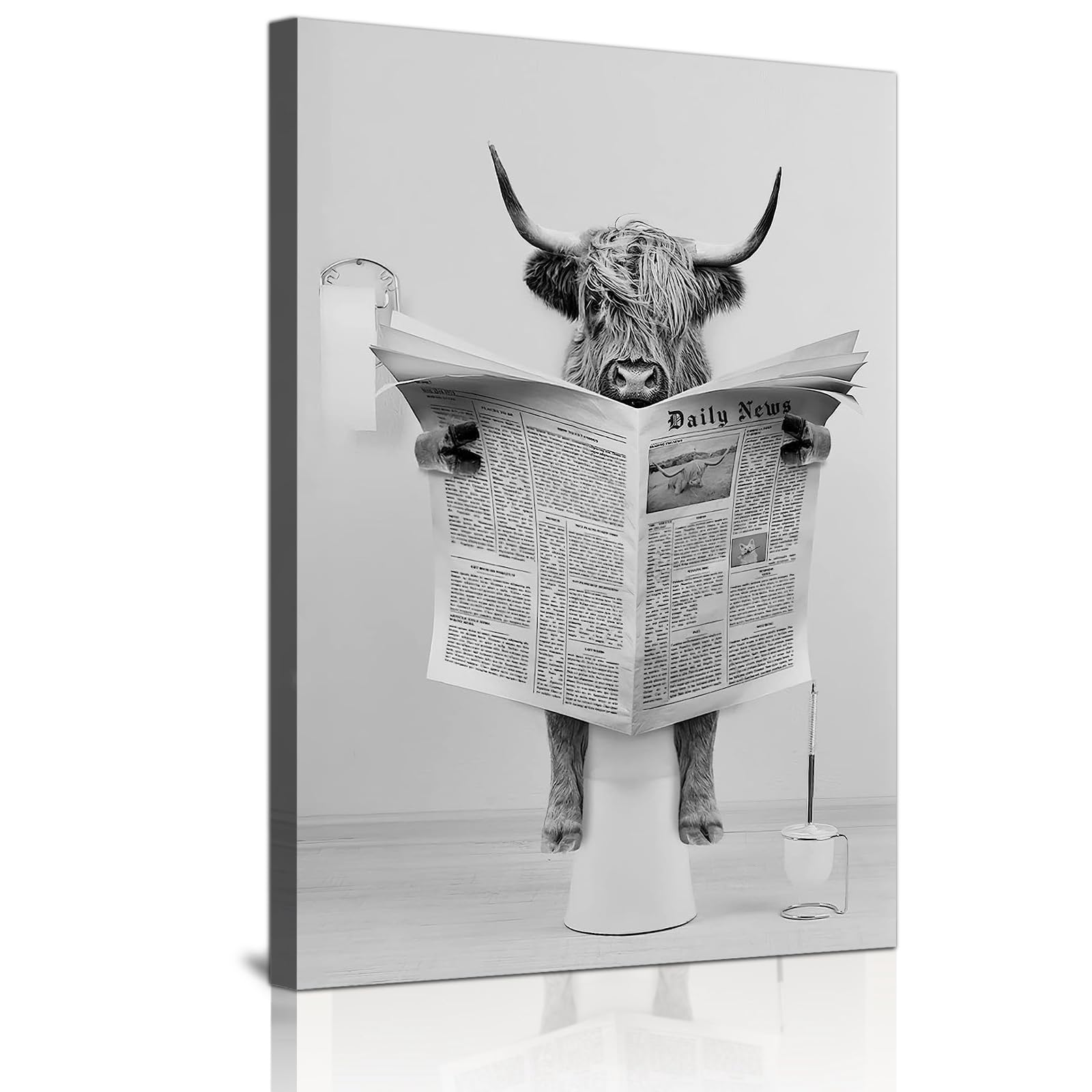 LPFNSF Bathroom Animal Pictures, Black and White Animals in The Bathroom, Fun Cow Elephant Art Paintings, Printed Bathroom Decoration Posters, Frameless. (Newspaper Cow, 30x40cm*1)