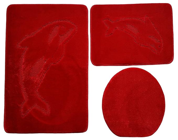 Delfin Badgarnitur 3 tlg. Set 55x85 cm Rot WC Vorleger für Hänge-WC