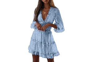 Dokotoo Womens 2025 Spring Summer Deep V Neck Long Sleeve Backless Ruffle Floral Flowy Mini Dress