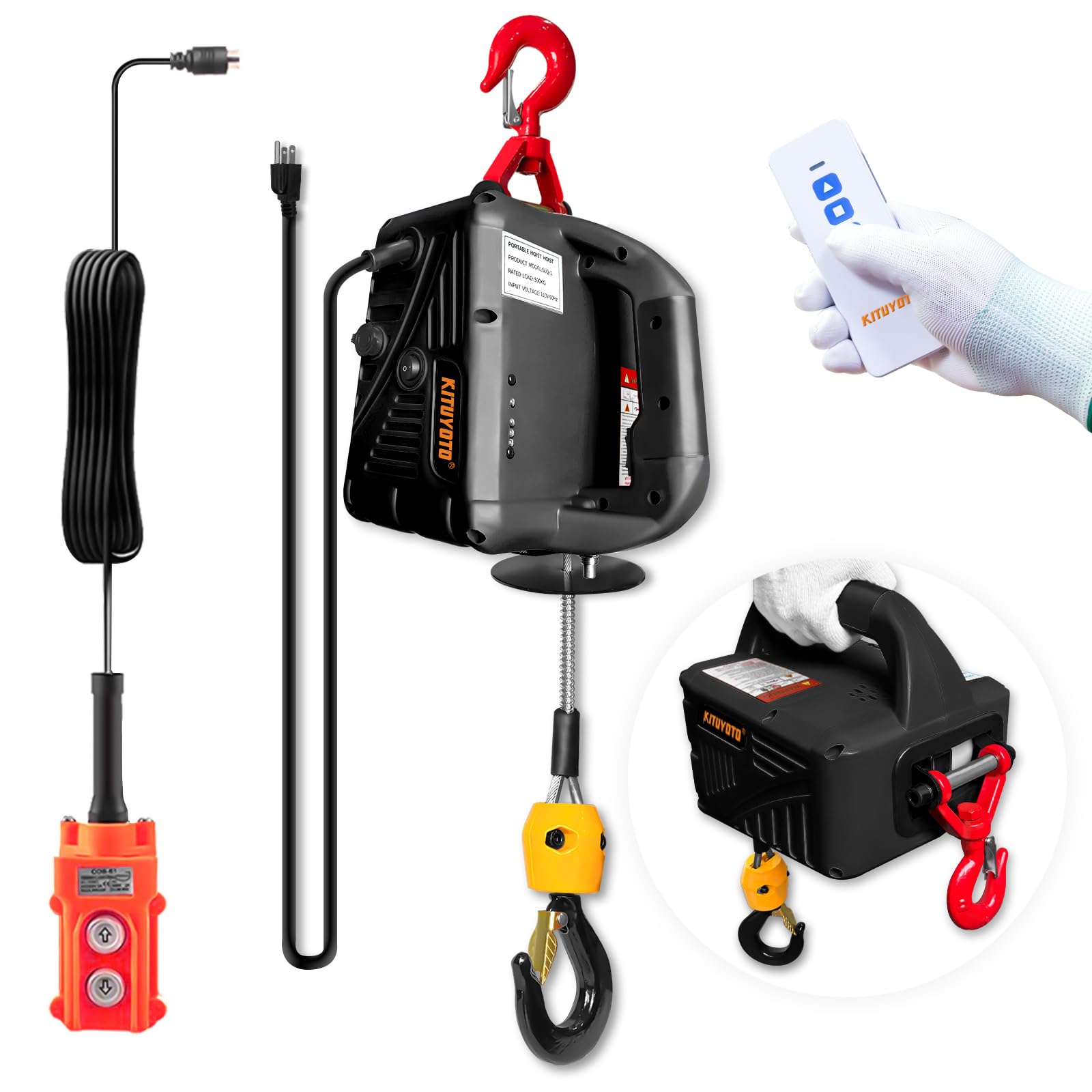 Photo 1 of 3-in-1 Electric Hoist Winch, 1100lbs 1500W Portable Electric Power Winch with Manual, Wired and Wireless Remote Control, Overload Protection, 22.9ft Lift Height, Suitable for Lifting Towing